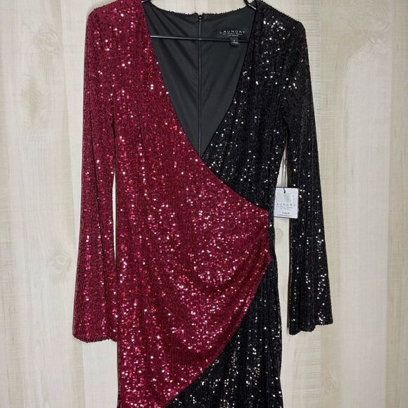 New with tags Laundry by Shelli Segal red black sequin long sleeve dress, sz 6 - Picture 5 of 15